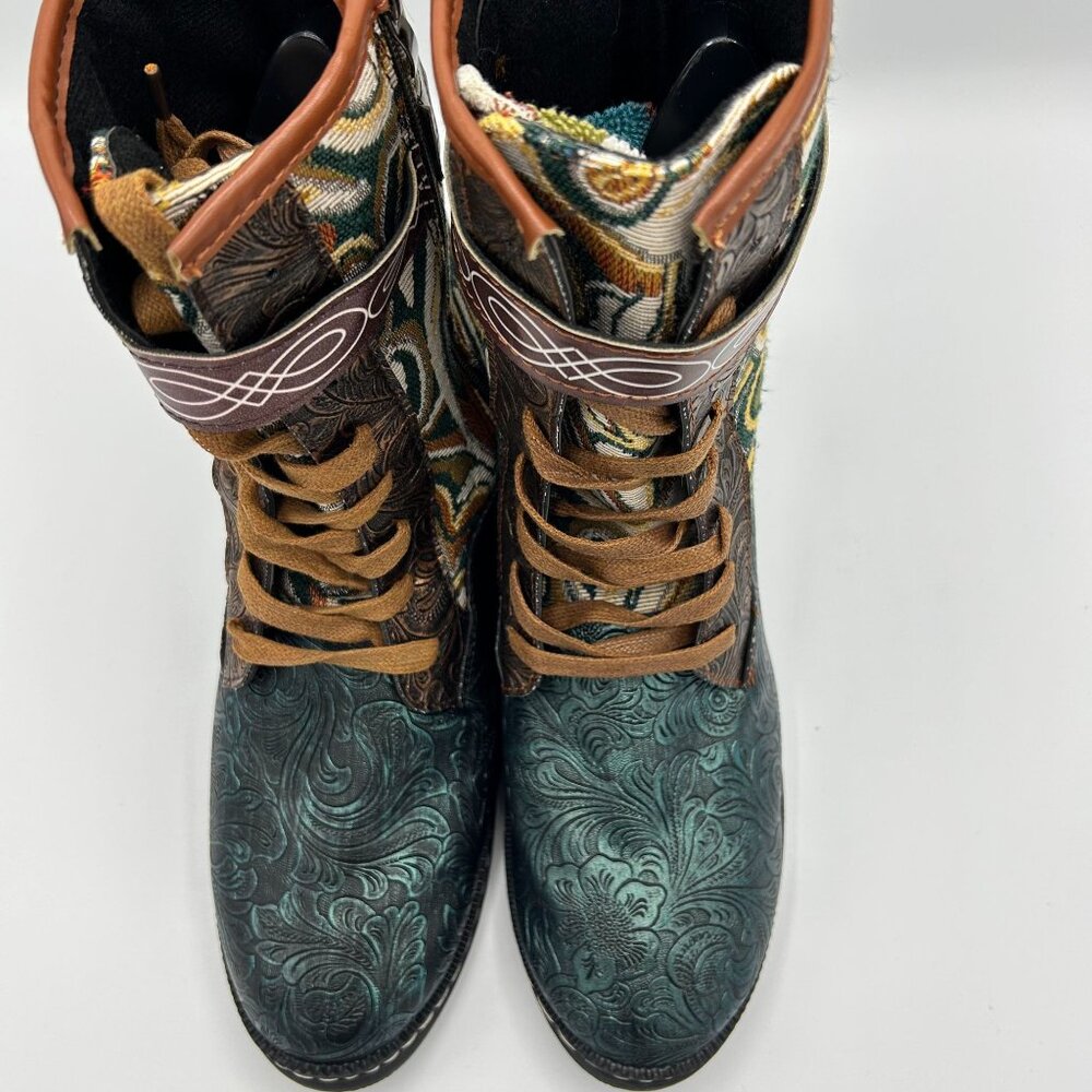 Womens Size 43 Bohemian-Style Mid-Calf Lace-Up Boots With Embossed Floral Design - Picture 7 of 10